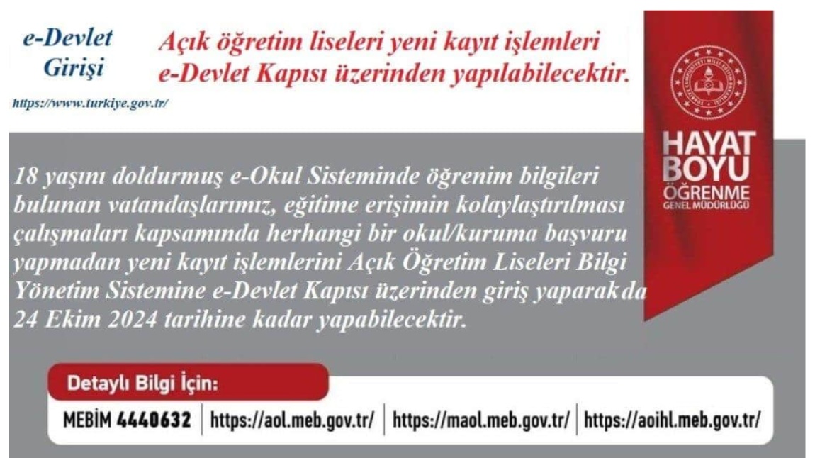 18 YAŞINI DOLDURMUŞ AÖL ÖĞRENCİLERİ KAYITLARINI E DEVLET SİSTEMİ ÜZERİNDEN YAPACAKTIR